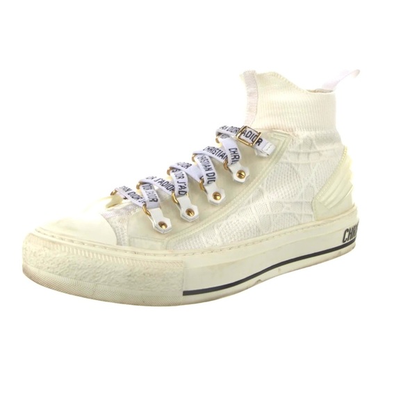 Size 8 I 38 White Walk’n’Dior Hi-Top Sneakers with Cannage Technical Mesh EUC - Picture 1 of 5